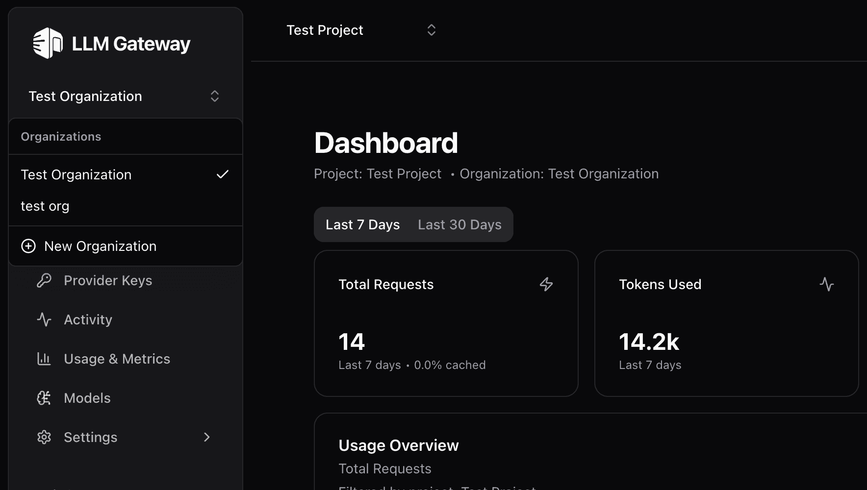 Updated dashboard showing organization and project selection